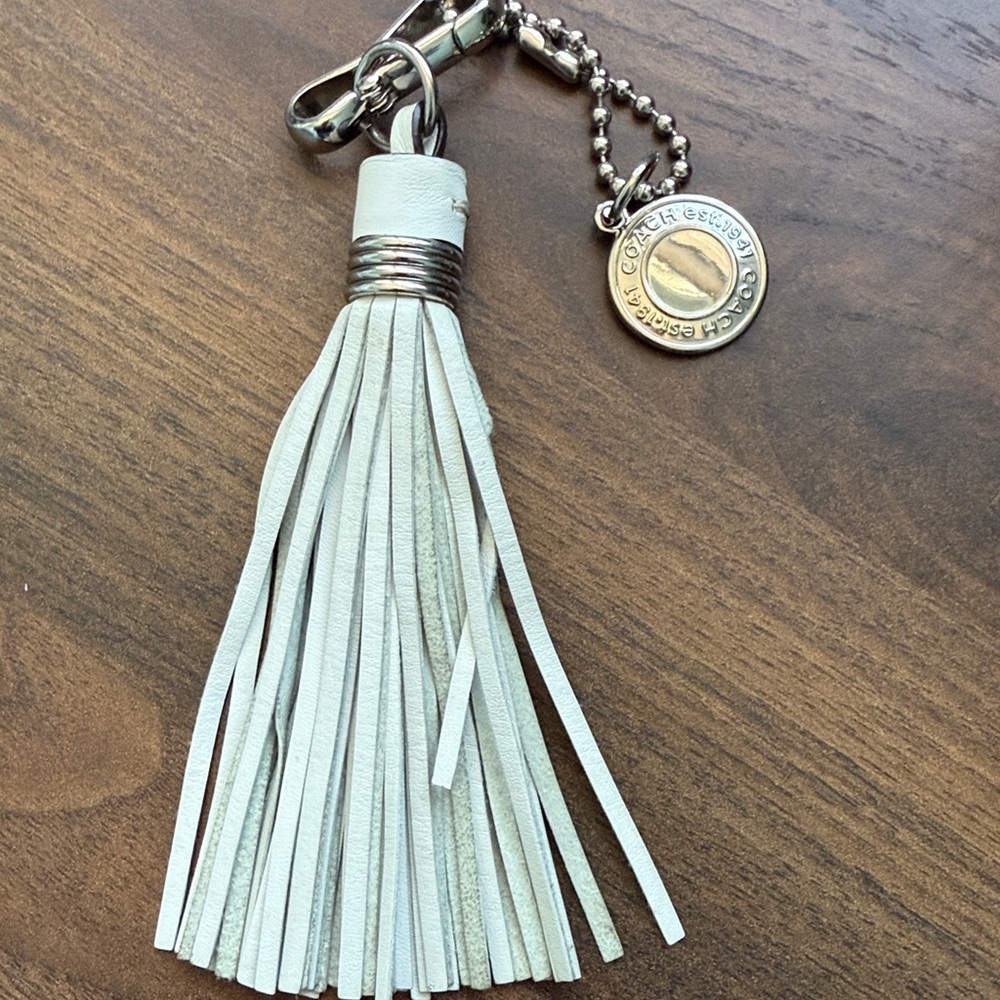 Coach White Leather Tassel Bag Charm Keychain with Silver Charm